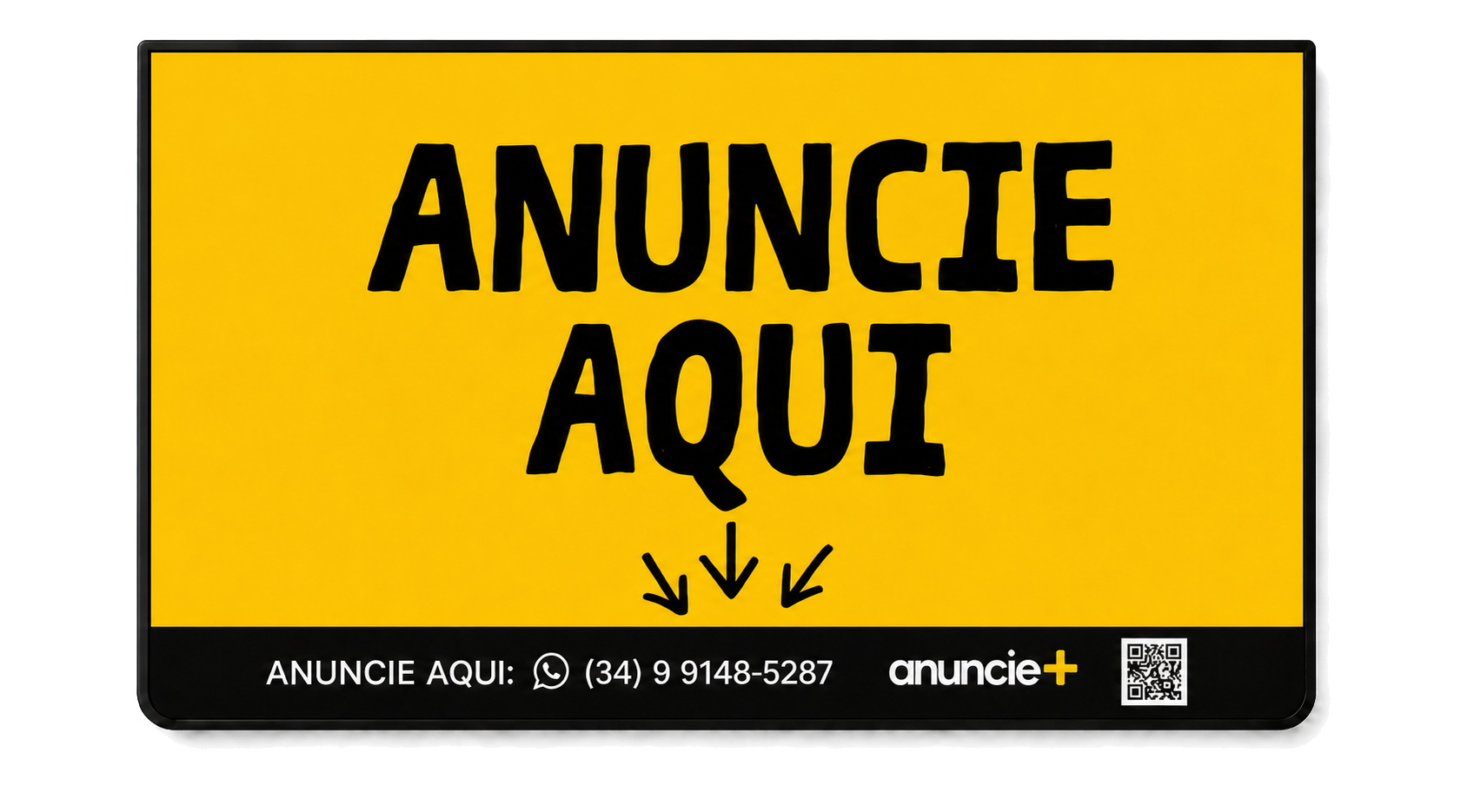 Mockup frontal da tela Anuncie Mais com faixa de identificação inferior